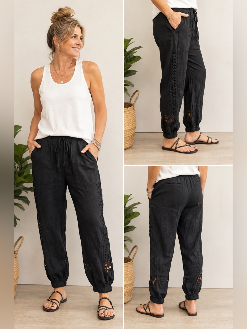 XCVI Black Linen Blend Crochet Trim Drawstring Jogger Pants  size Large